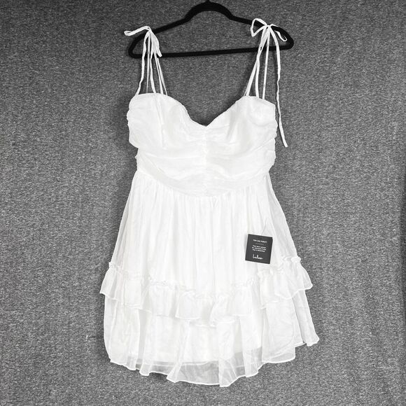 Lulus Angelic Approach White Chiffon Ruffled Tie-Strap Mini Dress Size XL NWT - Picture 5 of 9